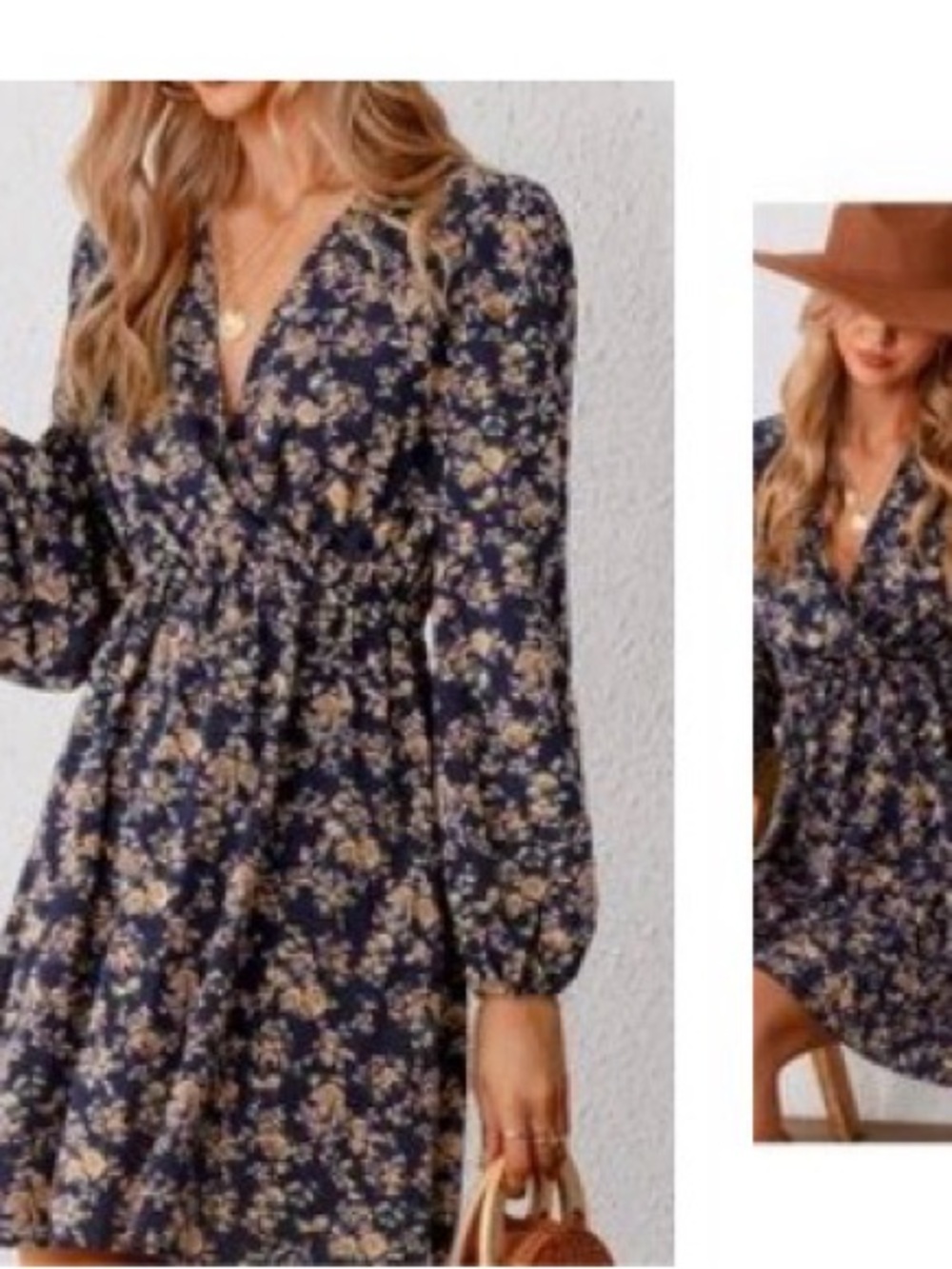 Cupshe Navy Floral Long-Sleeve V-Neck Mini Dress